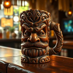 a closeup photorealistic photograph of a ben grimm style tiki mug sitting on a bar at trader vic's with the face of ben grimm. fantastic four theme. tiki culture. bright scene. fine detail. this 4 k hd image is trending on artstation, featured on behance, well - rendered, extra crisp, features intricate detail, epic composition and the style of unreal engine.