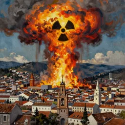 Nuclear Fallout towering over the town of Quito by Simon Stålenhag and J.M.W. Turner, oil on canvas; Art Direction by Adam Adamowicz; 4K, 8K Ultra-Realistic Depth Shading