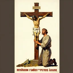by anton fadeev petros afshar beautiful graphic full body portrait, a man kneeling at the base of the christian cross, propaganda poster art 1 9 7 0 s illustrated advertising art, painterly character design limited palette