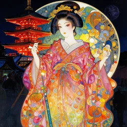 colorful empress, night, japan, 4 k, ultra realistic, beautiful colors, epic lighting, machines, high detail, masterpiece, trending on artstation by artgerm and akihito tsukushi and alphonse mucha, crayons