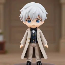 nendoroid aziraphale from good omens, good omens tv series, white curly short hair, beige suit, long coat, tartan vest, bow tie, michael sheen