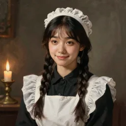 a ((sadly)) (((smiling)))) black haired, young hungarian servantmaid from the 19th century who looks very similar to ((Lee Young Ae)) with a two french braids, detailed, soft focus, candle light, realistic oil painting by  Ferenczy Károly, John Everett Millais, Munkácsy, Csók István, and da Vinci