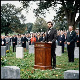 abraham lincoln giving the gettysburg address in a crowded pennsylvania cemetery, photographed for reuters, 2 5 mm f / 1. 8 portra filmstock, 8 k scan, vivid color