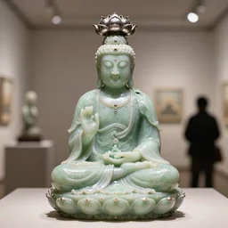 beautiful detailed jade sculpture of meditating buda with with metal lotus flower on his head, in a gallery setting, influenced by ruan jia and greg rutkowsk. professional studio photo, full object in middle, well centered, 3 5 mm, high definition