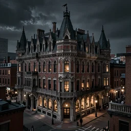 spooky 1 5 - storey gothic hotel, boston 1 9 2 5 overlooking a dark street, photorealistic, dark, atmospheric lighting, painted, intricate, ultra detailed by leesha hannigan, thierry doizon, kai carpenter, well composed, best on artstation, cgsociety, epic, stunning, gorgeous, intricate detail, wow, masterpiece