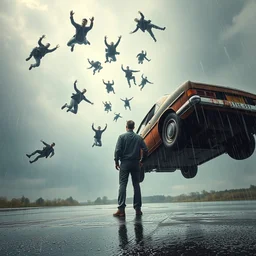 multiple men falling from sky, a man standing next to an old car in the rain, backwards, trending in artsation, stefan koidl