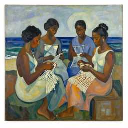 black women weaving the tapestry of life by the ocean, abstract art in the style of cubism and georgia o keefe