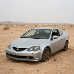 a wrecked 2 0 0 2 acura rsx, abandoned in a desert, dusty, damaged, some rust