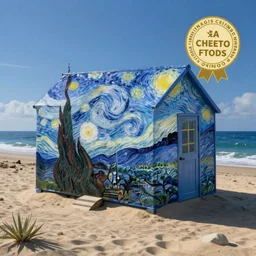a cheeto house on the beach painted by vincent van gogh