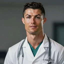 cristiano ronaldo as doctor, accurate, 30mm, face, soft colours, dramatic lighting, nikon