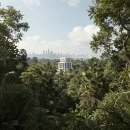 diversely grown forest with a single building based on the architecture of ricardo bofill with an urban megacity in the distance, sci - fi, light blue sky with clouds, dramatic matte painting, style by thomas cole, 8 k, octane render, photorealistic, hyperrealism