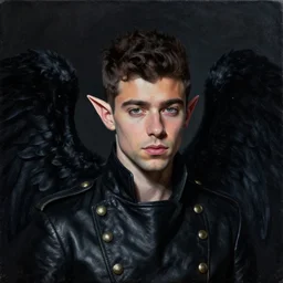portrait painting by jeremy mann, head and shoulders portrait painting of zayn malik with black angel wings on his back and pointy elf ears by jeremy mann, wearing leather napoleonic military style jacket, black jacket collar, pointy ears, black canvasm black wings in background, dark and moody, shadows