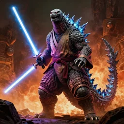 godzilla in flowing jedi robes with a lightsaber by frank miller