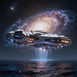 a giant glowing spaceship in the ocean, galaxy, hyper realistic, epic lighting, cyberpunk, wide angle lens