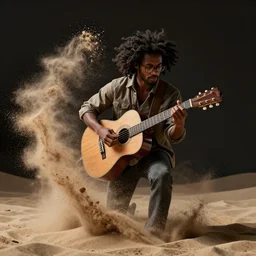 a black man with long curly hair, wearing glasses, turning into sand while he plays guitar + Cinematic Lighting + Deep Shadows + Hyper Realistic + Hyper Maximalist + Maximalist Composition + Intricate Details + Rendered in Octane + Trending on Artstation + Hall of Fame on Cgsociety + 8K portrait + 8k Post-Processing Highly Detailed + Rendered by Octane Engine + 8K Artstation 8k Detail Post Processing + Octane Render