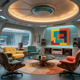 very detailed interior of alien futuristic spaceship with colorful high resolution textures, 1 9 5 0 s midcentury interior design, eames furnishings, hi fi stereo with speakers, bold modern art, raytracing, raymarching, subsurface scattering, still from new scifi movie by digital domain, lucasfilm, by arthur haas and stefan morrell