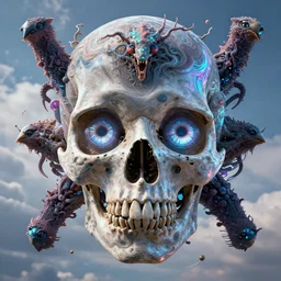 trapped in my conscious, sky falling, look me inside of my eyes, skull, holographic, bioluminiscent creatures, intricate artwork by beeple. octane render, trending on artstation, greg rutkowski very coherent symmetrical artwork. cinematic, hyper realism, high detail, octane render, 8 k