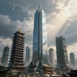 concept art, architecture design, tall towers combining traditional chinese and western elements made by obsidian, reflection under the sunlight, cinematic clouds, god rays, unreal engine, hyperdetailed, 4 k