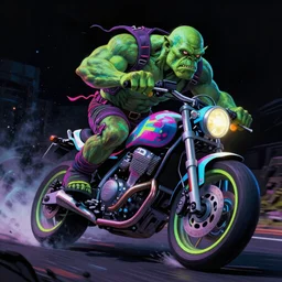 psychedelic blacklight neon airbrush artwork, motorcycle, hyper stylized cinematic action shot of an orc racing on a motorcycle, menacing orc, drifting, skidding, wheelie, clear focused details, soft airbrushed artwork, black background, post apocalypse, cgsociety, artstation, peter lloyd art, peter palombi art