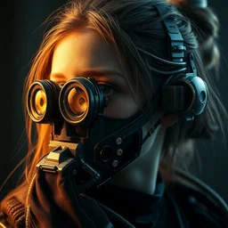 a cute young girl cybernetic enhancements, detailed lens mask, scifi character portrait by greg rutkowski, esuthio, craig mullins, 1 / 4 headshot, cinematic lighting, dystopian scifi gear, gloomy, profile picture, mechanical, half robot, implants, steampunk, warm colors