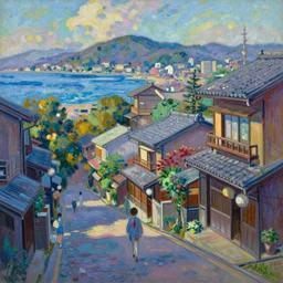 a beautiful japanese city near the sea, ryokans and edo era houses, cyberpunk, lofi vibe, colorful, oil painting in impressionist style, by jeremy lipkin, by claude monet, by makoto shinkai, multiple brush strokes, inspired by ghibli, masterpiece, beautiful