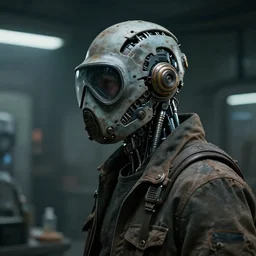 a half - masked rugged laboratory engineer man with cybernetic enhancements as seen from a distance, small scifi character portrait by greg rutkowski, esuthio, craig mullins, 1 / 4 headshot, cinematic lighting, dystopian scifi gear, gloomy, profile picture, mechanical, cyborg, half robot, implants, dieselpunk