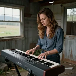 Dana Scully playing a synthesizer keyboard inside of a dilapidated shed in rural Washington state