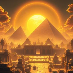futuristic solarpunk egyptian city with temples with a giant pyramids and orbs with a bright sun crepuscular rays highly detailed hyperornate digital art