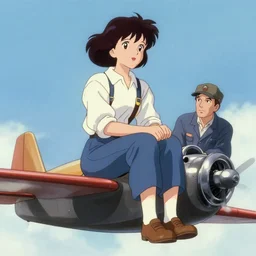 a film still of a 1 9 5 0's a copic maker realistic portrait by yoshiyuki sadamoto, alphons mucha norman rockwell mechanic anime girl sitting on top of flying ufo, finely detailed features, full body mid shot, perfect art,, trending on pixiv fanbox, painted by gaston bussiere, makoto shinkai, akihiko yoshida, gaston bussiere