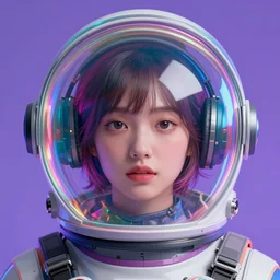 a beautiful girl with short hair, her head enveloped by a see-through, iridescent bubble spacesuit helmet, trending on artstation, vibrant colors, highly detailed