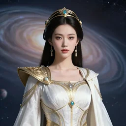 portrait of the powerful empress of the solar system in the style of charlie bowater and in the style of shepard fairey. glowing, ornate and intricate linework, sharp focus, depth of field, stunning, dynamic lighting, ultrafine and hyperdetailed.