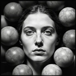 a black and white photo of a woman's face surrounded by balls, an ambient occlusion render by Dora Maar, zbrush central, pointillism, ambrotype, marble sculpture, germaine krull,movie still, grotesque