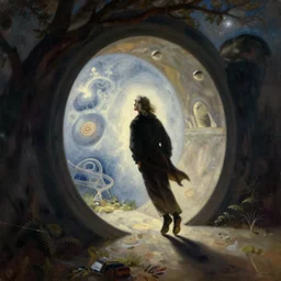 a philosopher staring into a portal to multi - dimensional latent space wondering whether or not to leap in, in the style of a painting by francis bacon