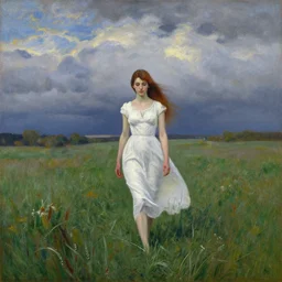 young slender woman with long auburn hair wearing a white dress walking through a meadow at dusk, dramatic clouds in sky, wide angle, painting by Joaquín Sorolla, oil on canvas