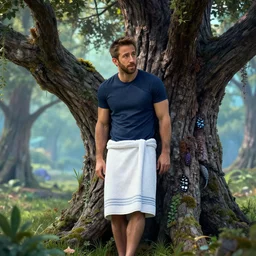 ryan reynolds wearing a towel on waist leans against magical tree romance novel fantasy artwork epic detailed and intricate digital photo trending on artstation by wlop octane render