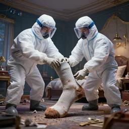 hazmat team removes crusty stained stiff sock from messy bedroom, digital art, cosmic, 3 d high definition, trending on artstation, photorealistic, high resolution, vray, 8 k, octane, trending on, hdr, hyper detailed, insane details, intricate, elite, ornate, elegant, unreal engine