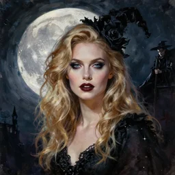 portrait of beautiful blonde woman as a Dark evil witch, big moon in the background, oil painting by vampire artist
