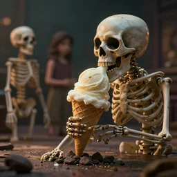 the rock eating ice cream with a skeleton, 4 k, hyperrealistic, cinematic, romantic lighting