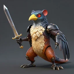 an anthropomorphic machine bird reptile rodent hybrid wielding an ancient sword