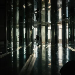 photo of an interior of an apartment, full of mirrors, reflections, photographer in the mirror, rays of light, dark color scheme, photography