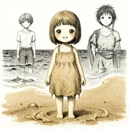Extremely Detailed and Full Portrait scene of Gooey Ocean scene in ink and refined sand, Wendy Thomas Wendys Mascot Girl with shades on face. wearing a sundress full body smiling by Akihito Yoshitomi AND Yoji Shinkawa AND Greg Rutkowski, Mark Arian trending on artstation