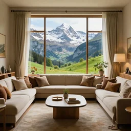 photo of a fantastical living room with switzerland landscape in the window in the style of maximalism