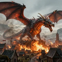 An huge dragon burning an viking town, octane render, hyperrealistic, artstation, 8k, fantasy art