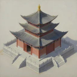 top three quarter isometric view of traditional chinese temple in yunnan, concept art by greg rutkowski, oil on canvas