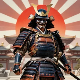 a godlike and indomitable helmeted and masked samurai .samurai temple and Rising sun in background. Badass pose , Photo realistic , Gregory Crewdson , Award winning. Masterpiece, exquisite detail, post processing