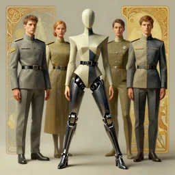 a digital concept ar by artgerm and greg rutkowski and alphonse mucha. full body!! t pose!! giorgio morandi color scheme. people in hi - tech uniform. military leg mechanical exoskeleton!! long dancing straps. black metal belt. a high set geometric tailoring clothes. matte painting. full body!! octane render. hyper detailed