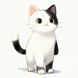 anthropomorphic white cat, cat standing on 2 legs, black fur on his right ear, black fur on left arm, black fur on left leg, black fur on tip of his white tail, trending on artstation, modern cartoon art, watercolor, 8 k