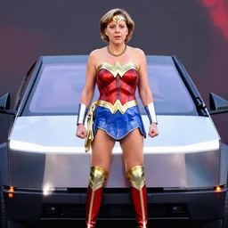 Angela Merkel dressed as Wonderwoman standing on the back of a Tesla cybertruck