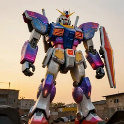 colourful - damaged - giant mecha ROBOT of neon lit AJEGUNLE SLUM in Lagos, markings on robot, Golden Hour,
