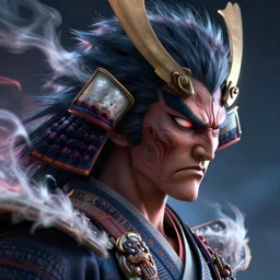 a profile picture of powerful japanese scary thunder samurai, detailed face, face symmetry, fanart artstation global illumination rtx hdr fanart arstation 3 d, character concept portrait by moebius and laurie greasley, profile picture, 8 k, cinematic color grading